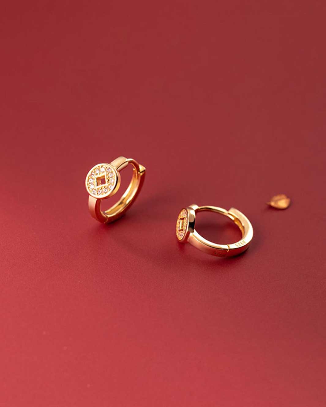 Diamante Copper Coin Charm Huggie Earrings