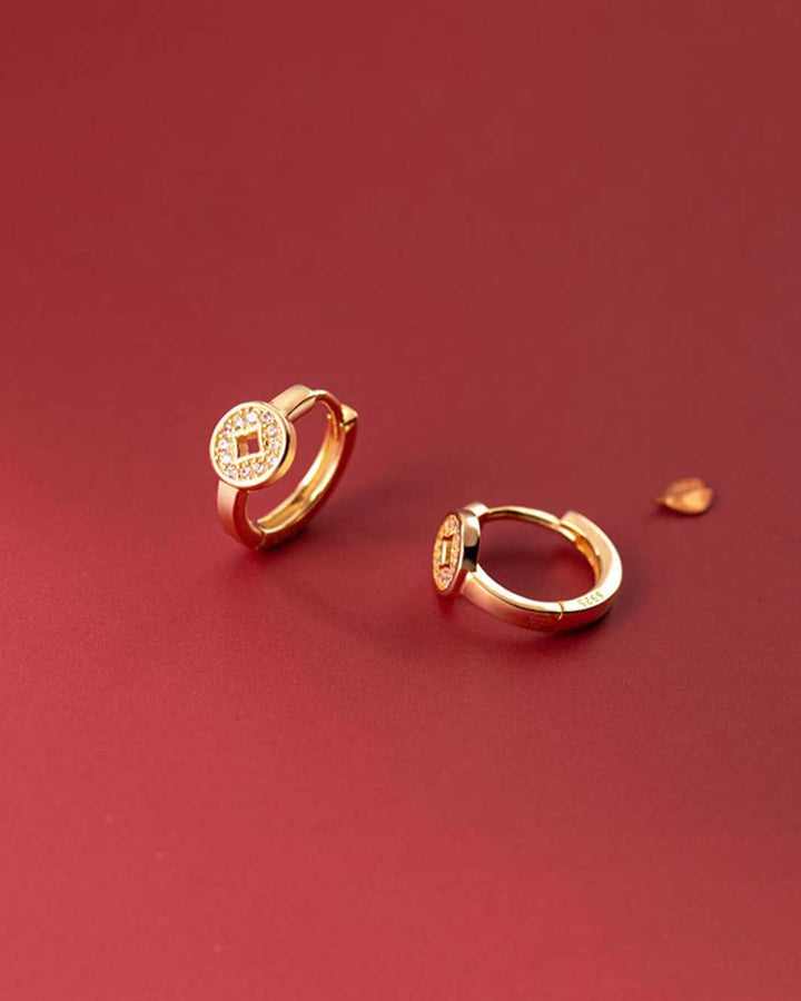 Diamante Copper Coin Charm Huggie Earrings