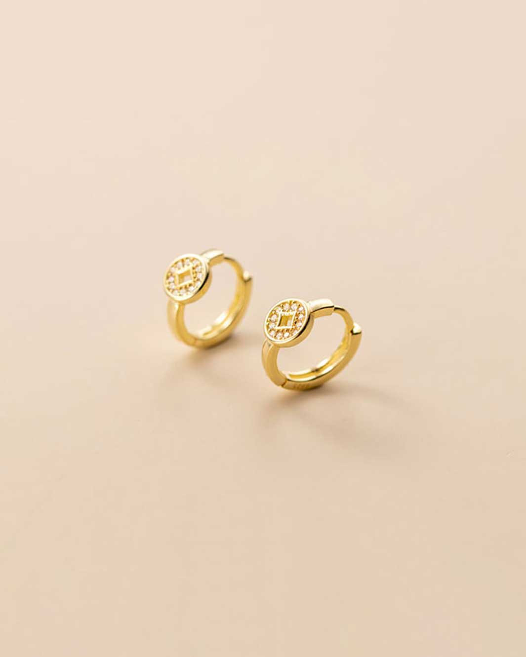 Diamante Copper Coin Charm Huggie Earrings