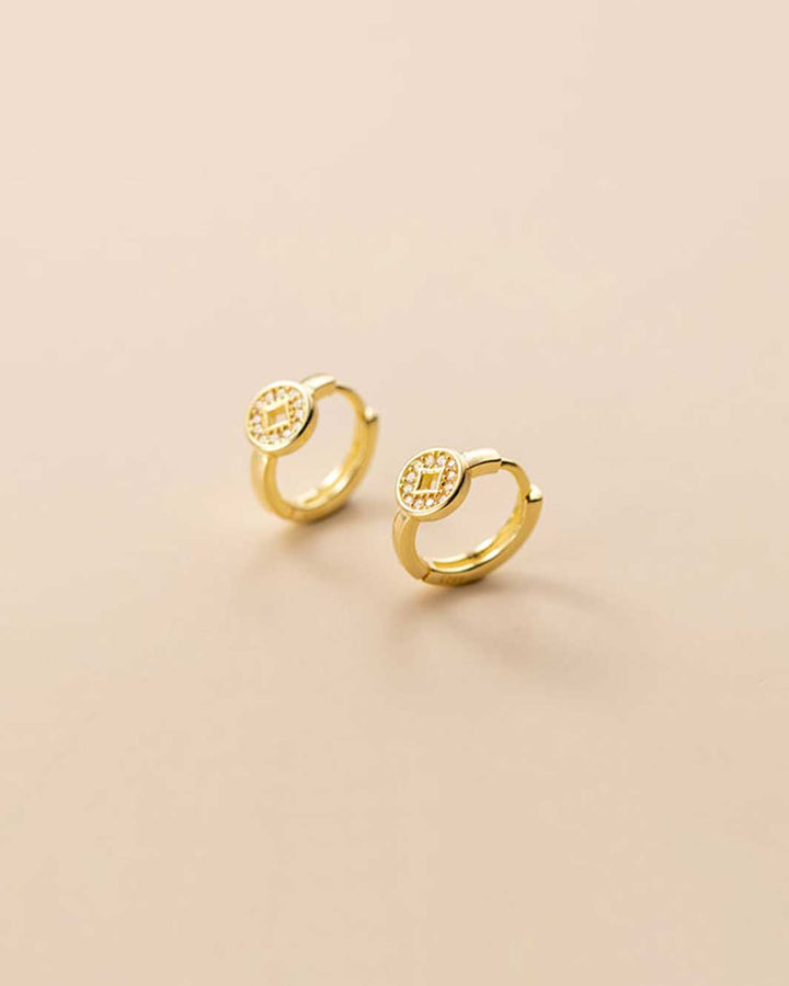 Diamante Copper Coin Charm Huggie Earrings