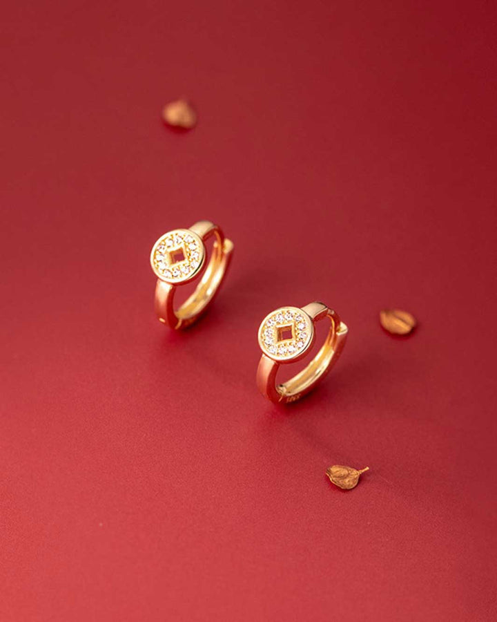 Diamante Copper Coin Charm Huggie Earrings