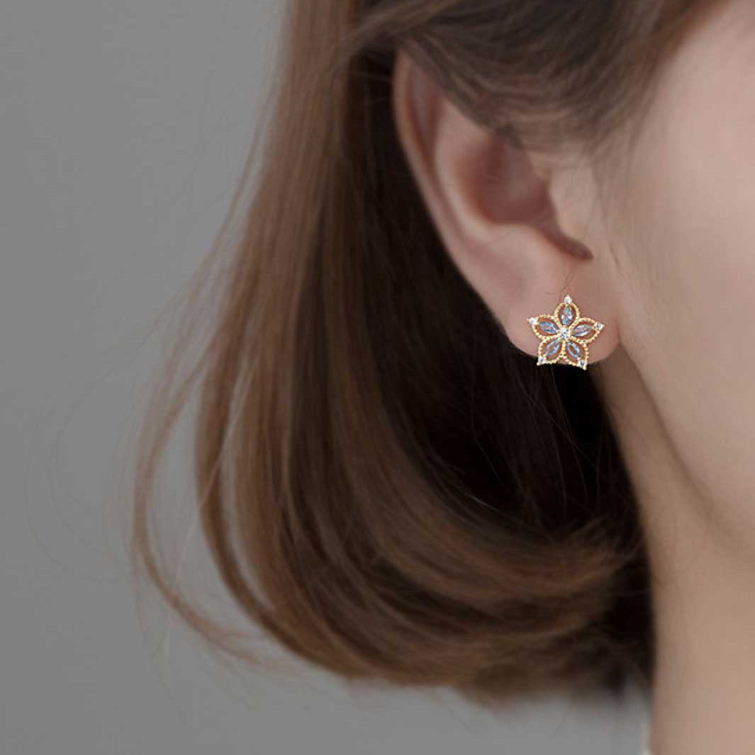 Blue Gemstone Flower Stud Earrings