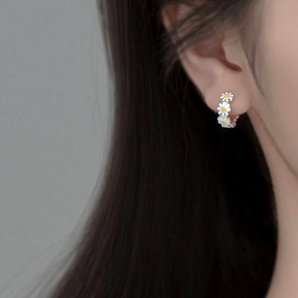 White Daisies Hoop Earrings