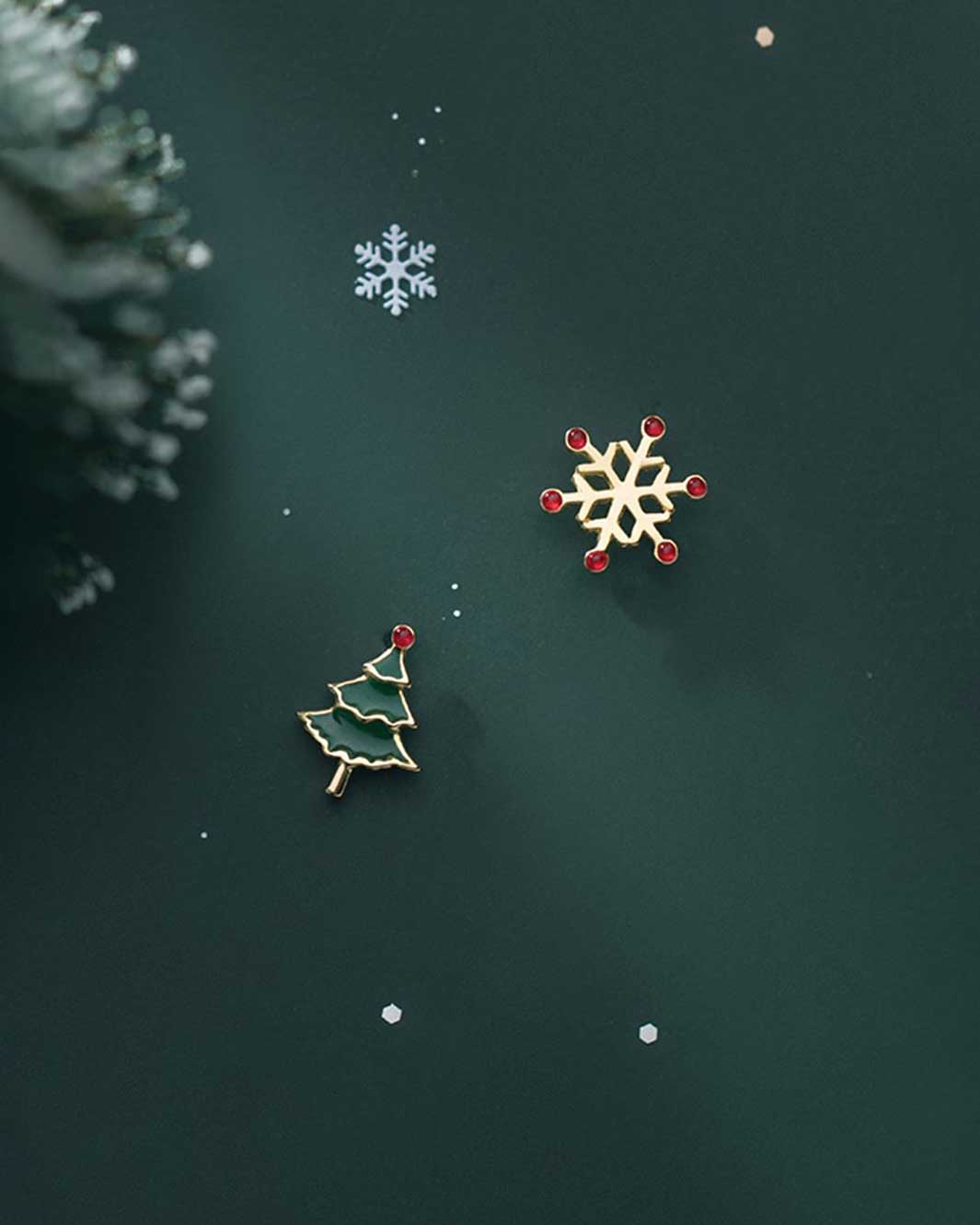 Christmas Tree and Snowflake Stud Earrings