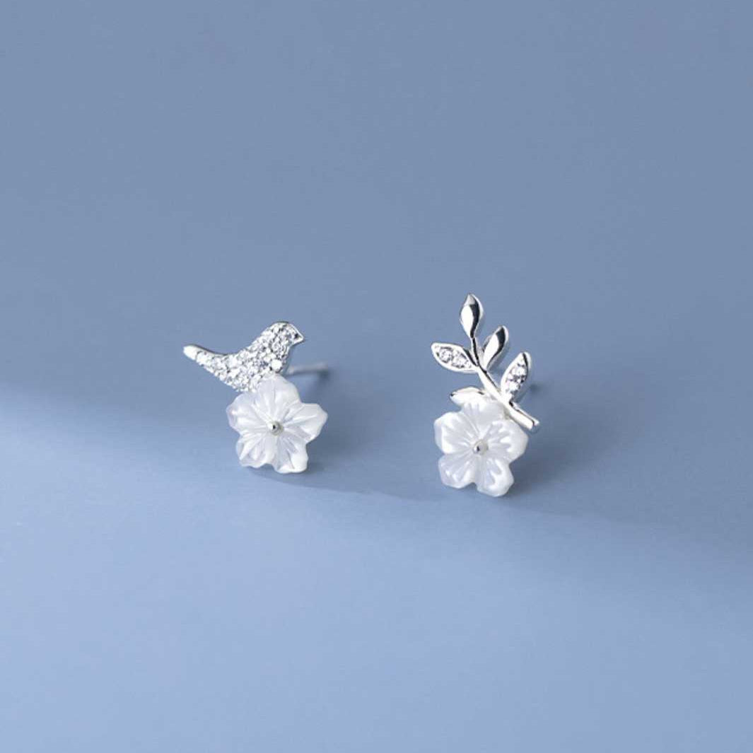 Sparrow and Tree Branch Stud Earrings