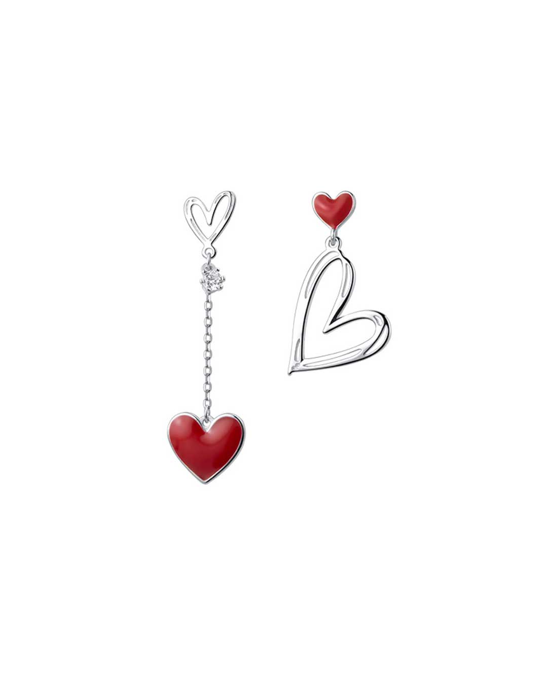 Red Heart Mismatch Drop Earrings